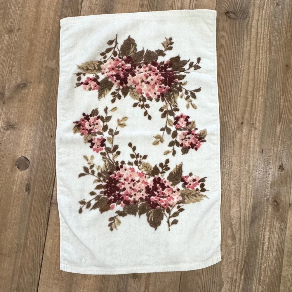 Vintage Towel Set Floral Hydrangea Springmaid 3 Piece Pink Brown White USA Made